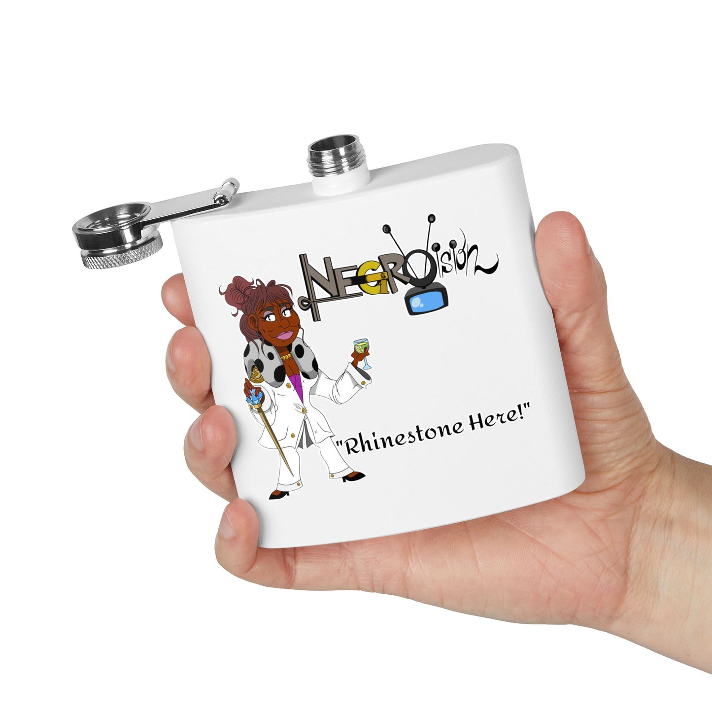Rhinestone Here... Stainless Steel Flask. your favorite character from Negro Vision